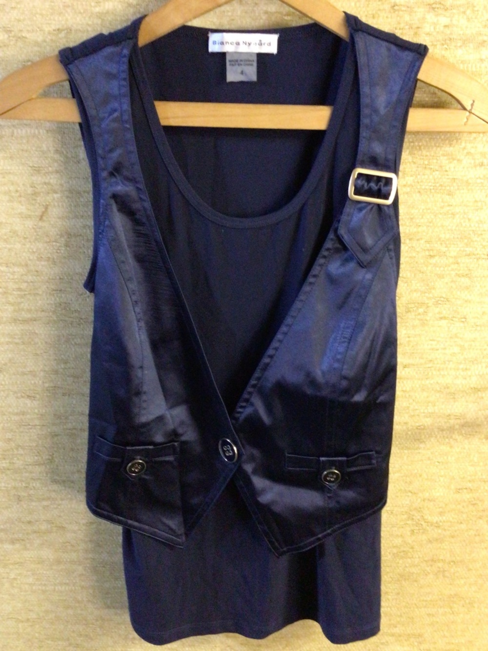 Women’s Bianca Nygard navy stylish short sleeve vest top with gold accent buckle